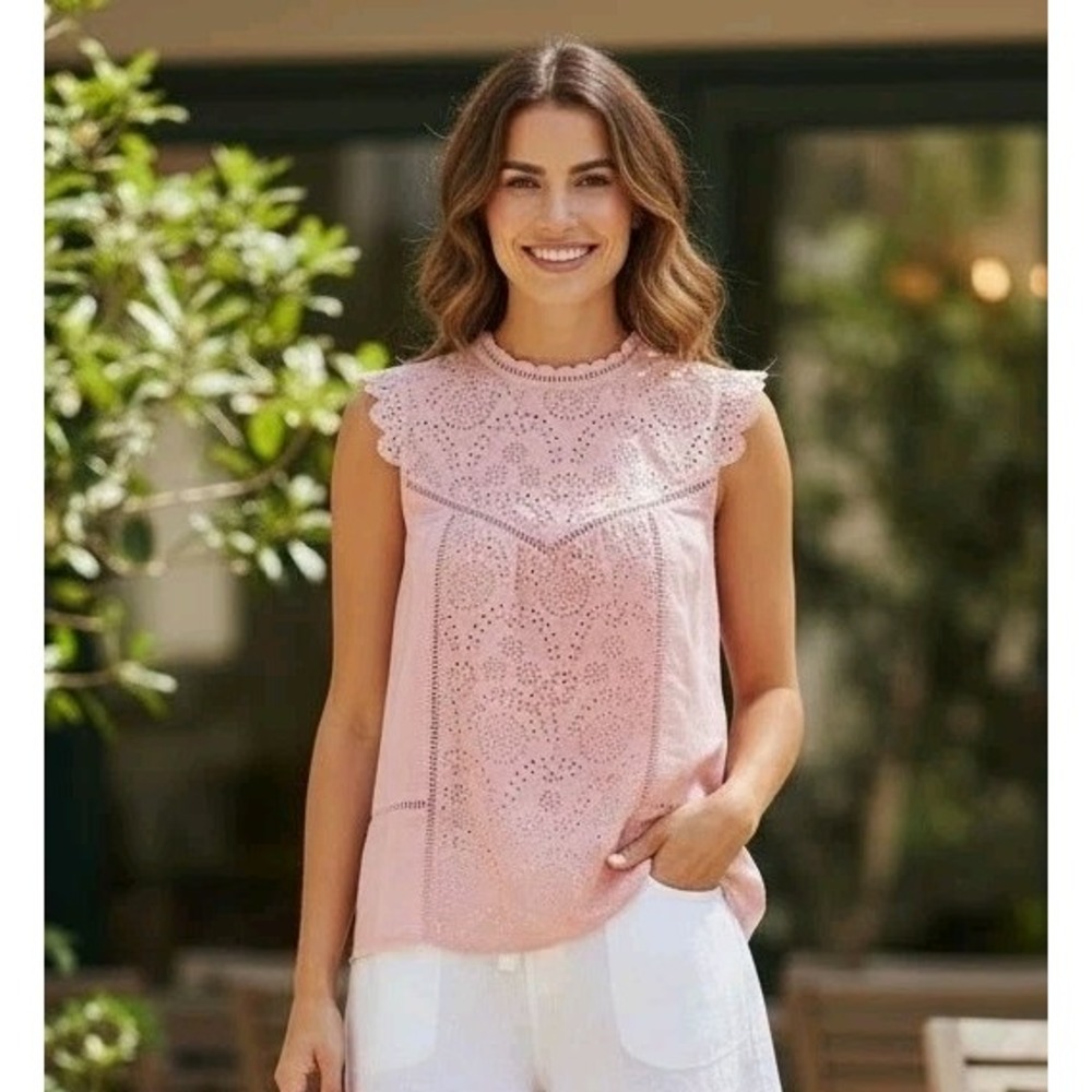 Abercrombie & Fitch Pink Eyelet Sleeveless Mock Neck Button Back Top Cottagecore